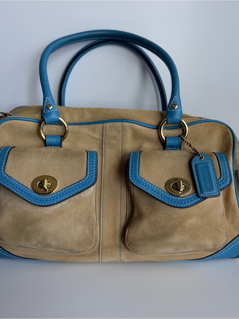 Vintage Coach Tan Suede Gallery Tote with Teal details